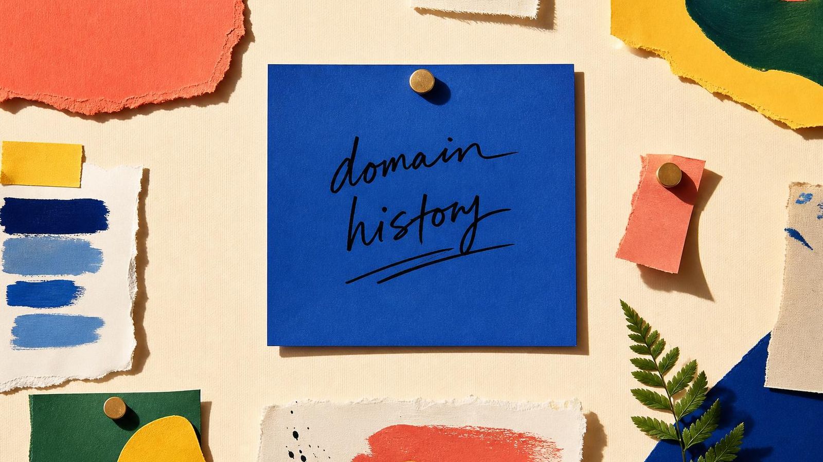 Cobalt paper card pinned to a research wall labelled domain history.