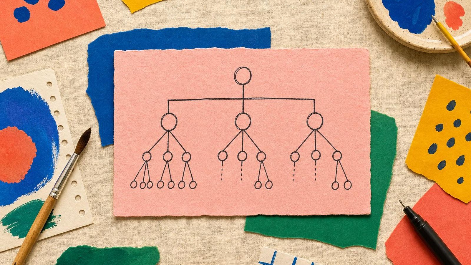 Pink paper card with a small subdomain tree drawn in ink.